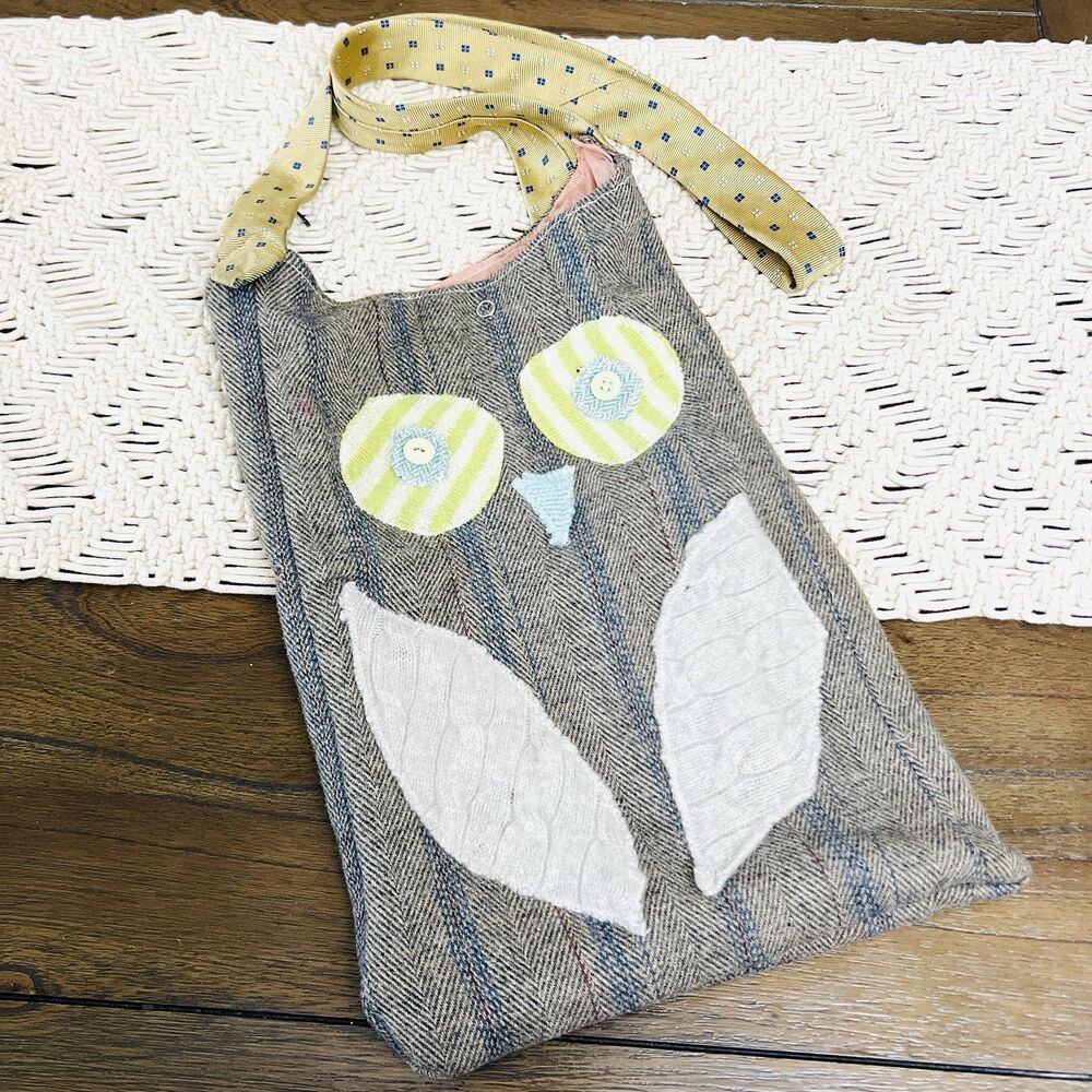 Hand Made Owl Long Patchwork Crossbody Boho Bag ~ Made from Necktie & Blazer